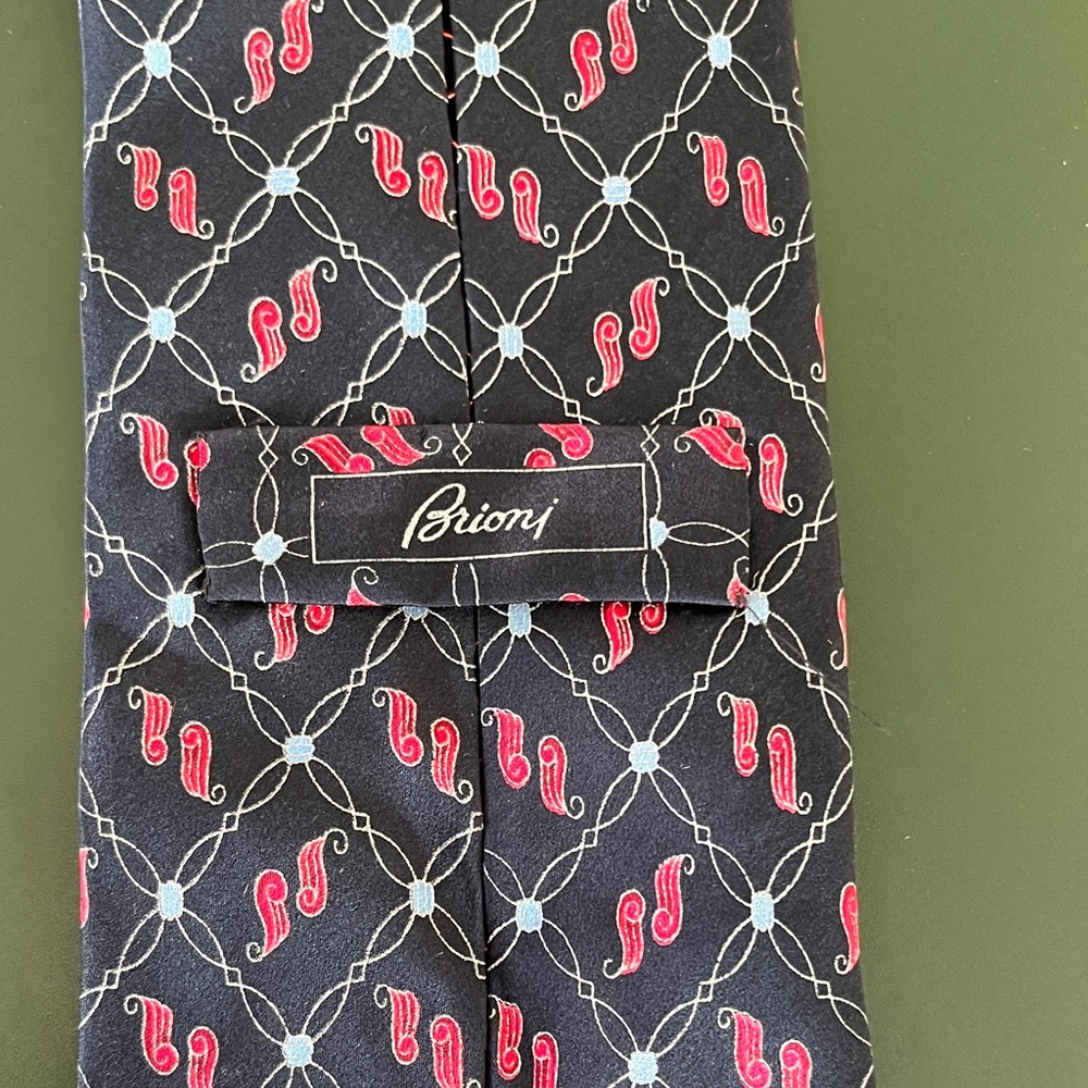 Brioni Navy Silk Tie with Red & Light Blue Motif
